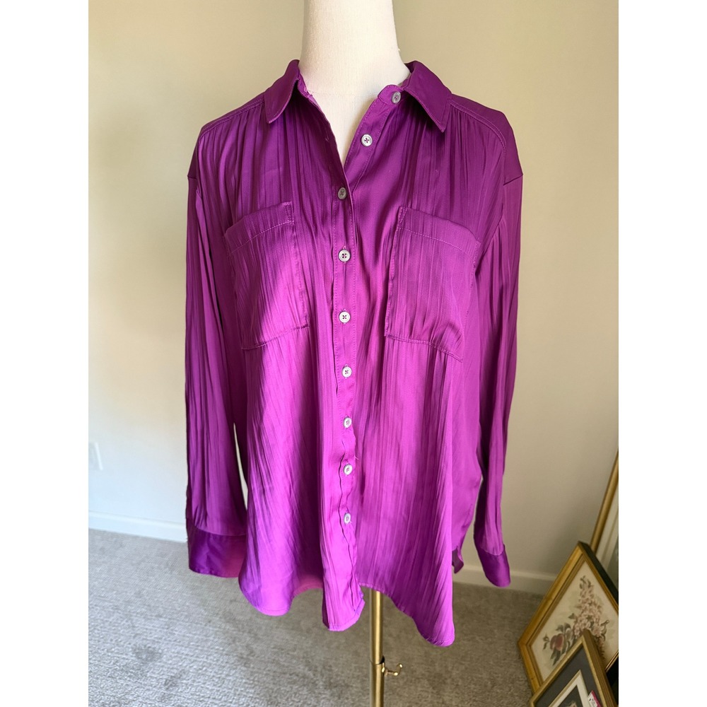 Anthropologie Relaxed Button‎ Down Purple Tunic Top Long Sleeve Medium Petite
